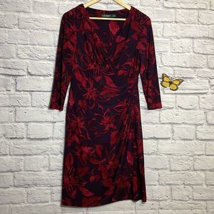 Lauren Ralph Lauren 3/4 Sleeve Floral V Neck Midi Dress Size 8